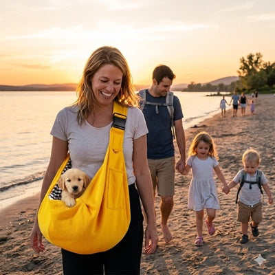 chien sac de transport jaune plage famille golden retriever coucher soleil vacances