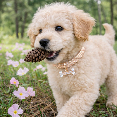 chiot collier rose gold strass pendentif os fleurs nature adorable