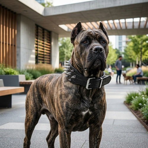 Collier à pointe pour molosse chien bringé debout en ville