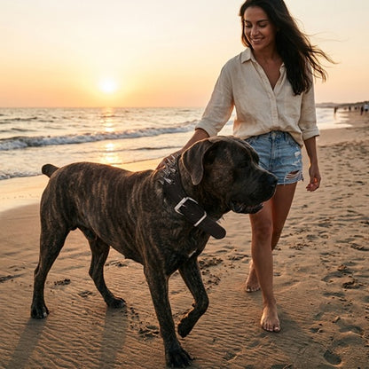 Collier à pointe pour molosse chien bringé promenade sur la plage