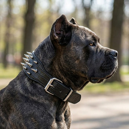 Collier à pointe pour molosse noir chien bringé de profil