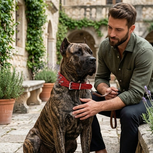 Collier à pointe pour molosse rouge chien bringé avec son maître