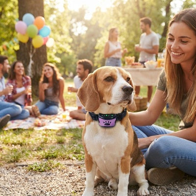 Collier anti-aboiement beagle violet picnic parc femme