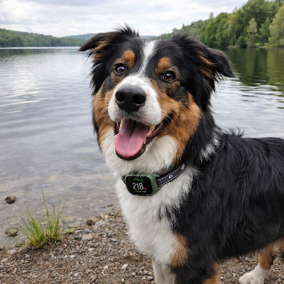 collier anti aboiement chien berger australien lac vert ecran digital exterieur heureux