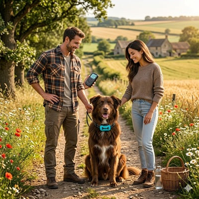 Collier anti-aboiement chien brun couple télécommande chemin campagne
