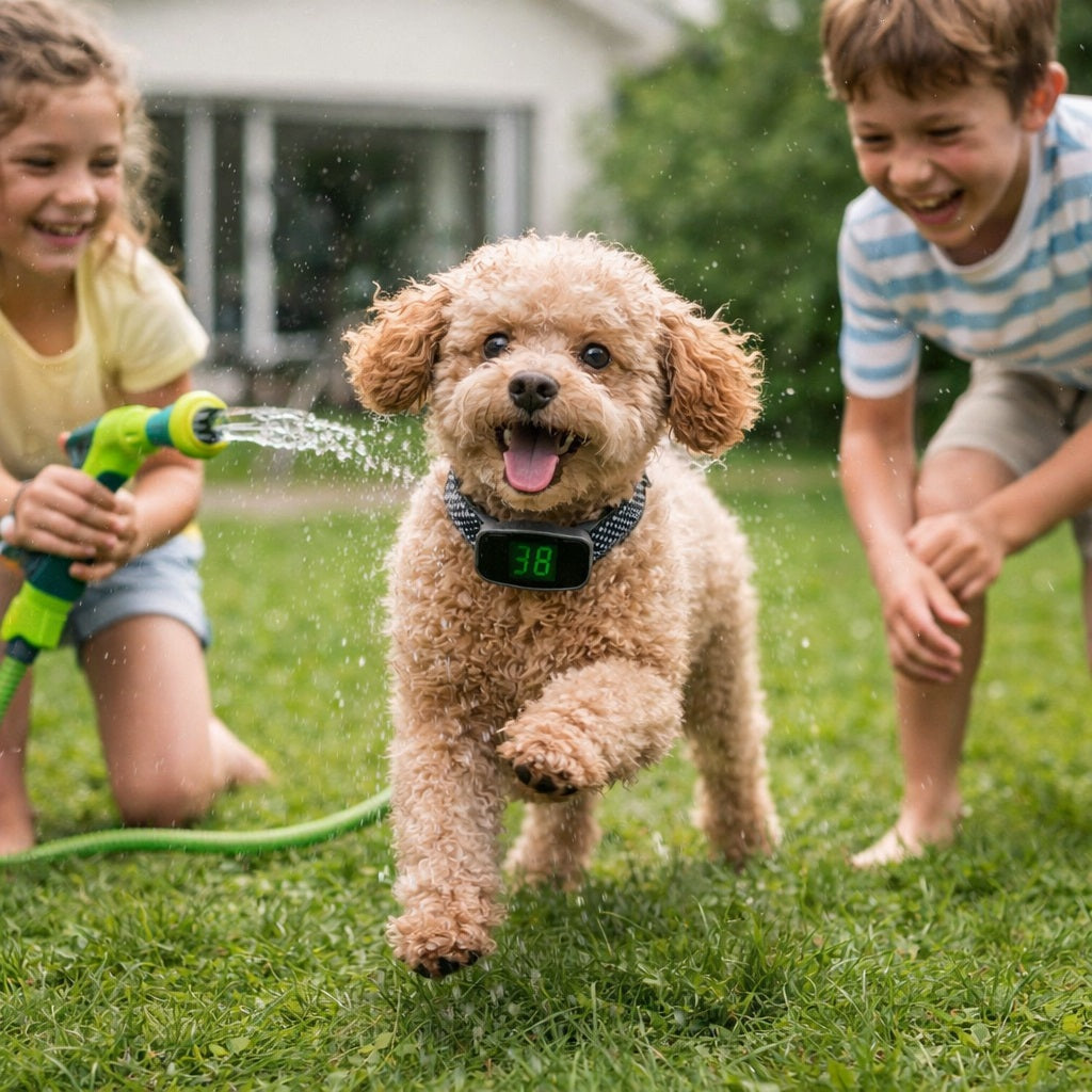 collier-anti-aboiement-chien-caniche-enfants-jardin-famille-jeu-eau