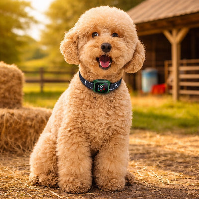 collier anti aboiement chien caniche ferme campagne vert ecran digital exterieur heureux