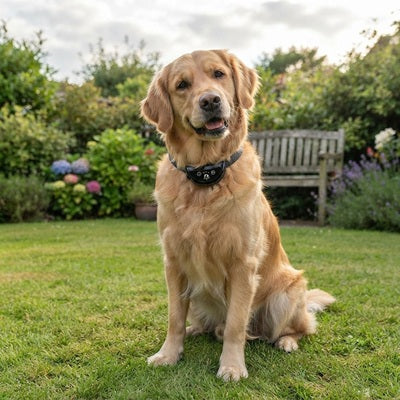 Collier anti-aboiement chien golden retriever jardin fleurs pelouse portrait