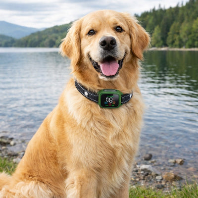 collier anti aboiement chien golden retriever lac montagne vert ecran digital heureux