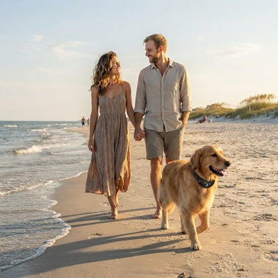 Collier anti-aboiement chien golden retriever plage couple promenade coucher soleil