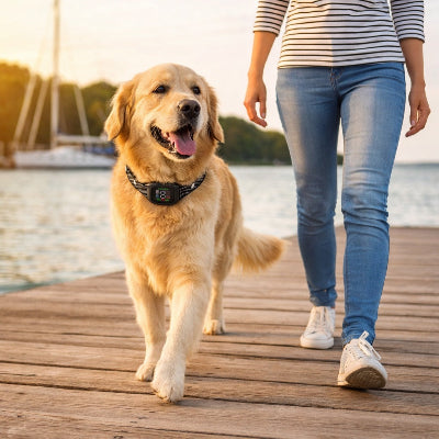 collier anti aboiement chien golden retriever promenade ponton lac noir maille femme