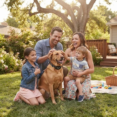 Collier anti-aboiement chien labrador pique-nique famille enfants pelouse détente