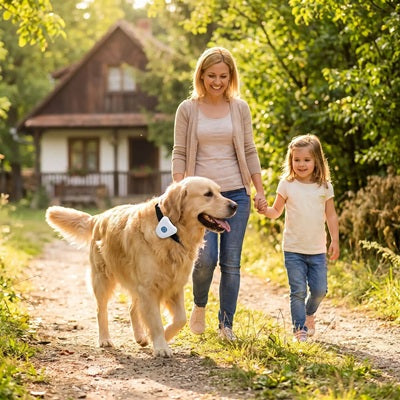 Collier anti aboiement chiot Golden Retriever mère fille campagne chalet