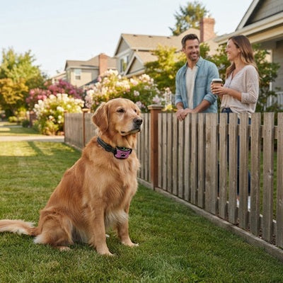 Collier anti-aboiement golden retriever calme jardin couple