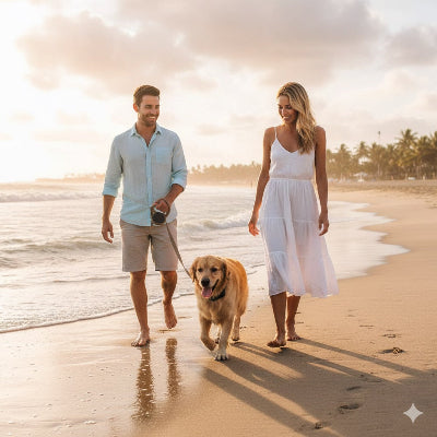 collier anti aboiement golden retriever couple plage coucher soleil