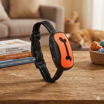 Collier anti-aboiement orange table bois livres dressage salon