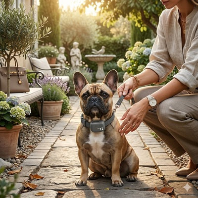 collier anti-aboiement petit chien bouledogue français jardin dressage