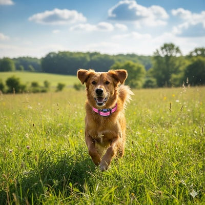 collier anti aboiement petit chien golden retriever course prairie exterieur actif rouge