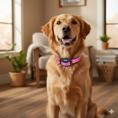 collier anti aboiement petit chien golden retriever rose interieur maison heureux premium