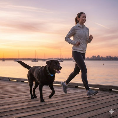 collier anti aboiement petit chien labrador noir jogging coucher soleil lac sport actif