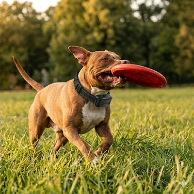 Collier anti-aboiement pitbull frisbee course parc herbe