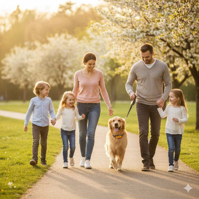 collier anti aboiement pour chien famille promenade parc printemps golden retriever enfants