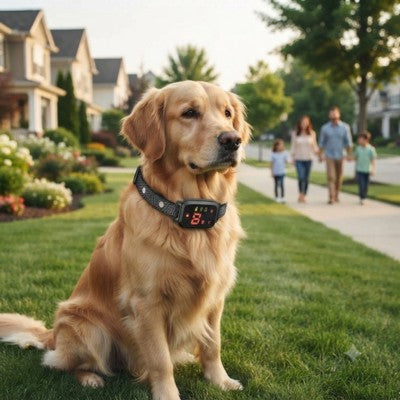 Collier anti-aboiement sans douleur Golden Retriever famille pelouse