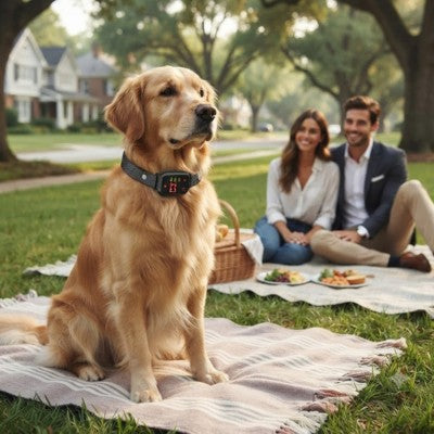 Collier anti aboiement sans douleur Golden Retriever pique-nique couple parc