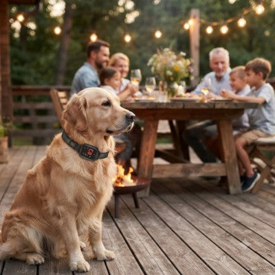 Collier anti aboiement sans douleur Golden Retriever terrasse repas famille