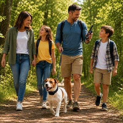 Collier anti-aboiement à vibration pour famille et chien en balade en forêt, éducation douce