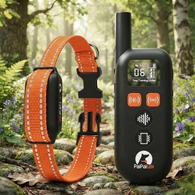Collier anti-aboiement à vibration orange avec télécommande, 4 modes, forêt et produit