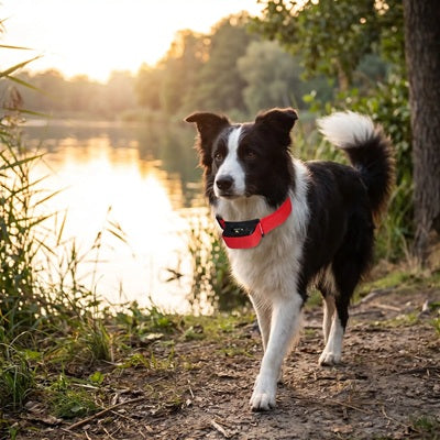 Collier anti-aboiements citronnelle Border Collie rivière coucher de soleil