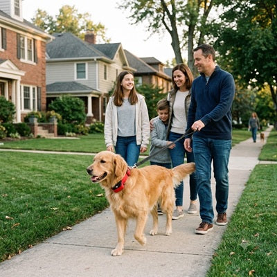 Collier anti-aboiements citronnelle famille chien quartier résidentiel Golden Retriever