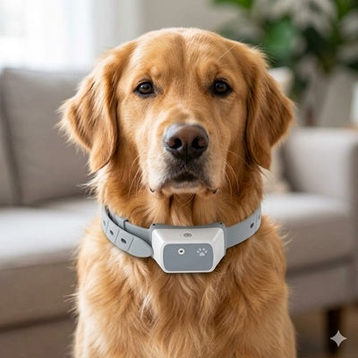 collier anti aboiements pour chien golden retriever portrait salon calme