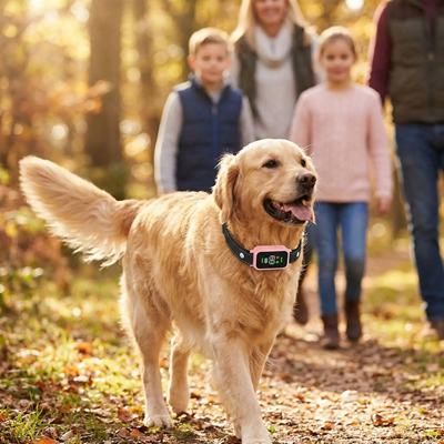 collier anti aboiements pour chiens golden retriever forêt automne famille