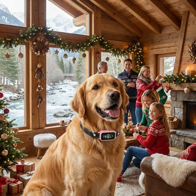 collier anti aboiements pour chiens golden retriever noël chalet famille