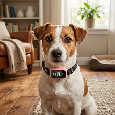 collier anti aboiements pour chiens rose jack russell intérieur
