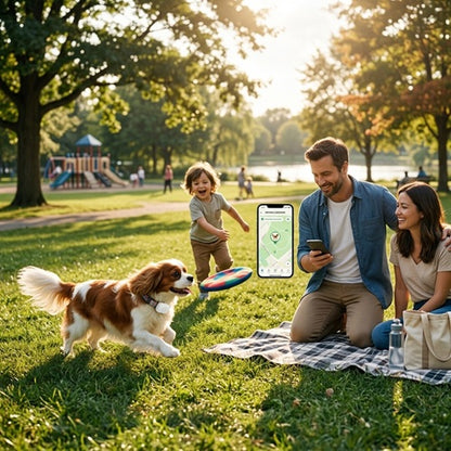 Collier anti-fugue chien GPS sécurité familiale pique-nique parc
