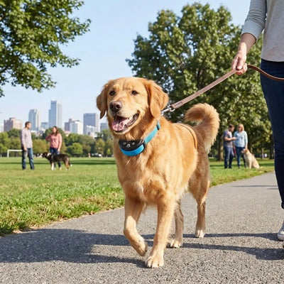 collier chien anti-aboiement golden retriever parc urbain laisse