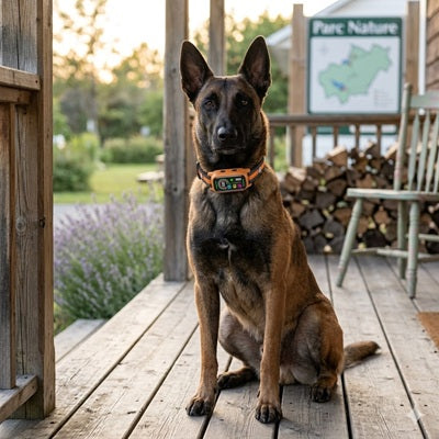 collier chien anti aboiement malinois parc nature terrasse orange