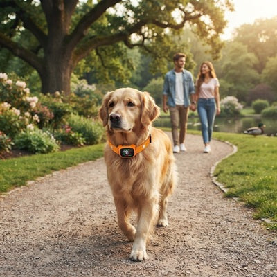 Collier chien anti-aboiements golden retriever parc balade