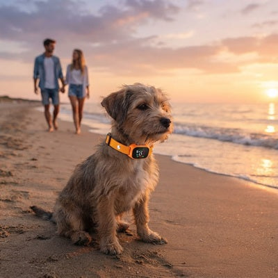 Collier chien anti-aboiements plage coucher de soleil couple