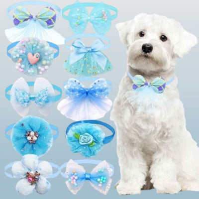 collier chien bleu blanc noeud fleur tulle perle accessoire elegant
