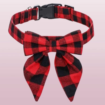 collier chien buffalo plaid rouge noir noeud ajustable classique