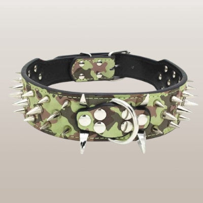 collier chien cuir camouflage pointes metal argent boucle double gros chien militaire