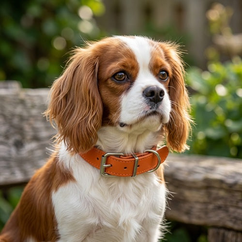 Collier chien cuir orange Cavalier King Charles portrait jardin