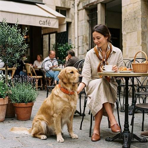 Collier chien cuir orange Golden Retriever terrasse café