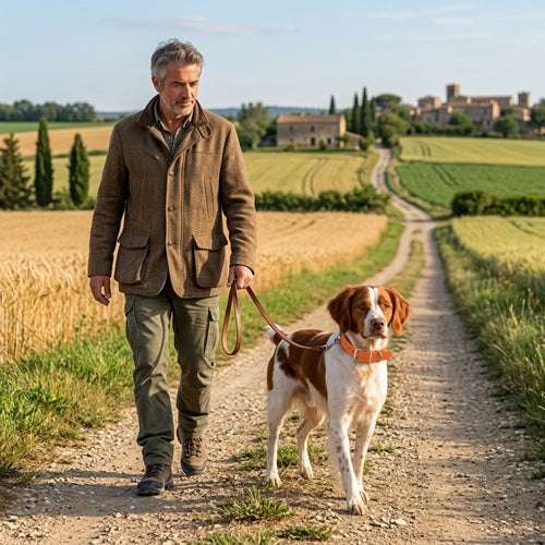 Collier chien cuir orange promenade laisse chemin campagne