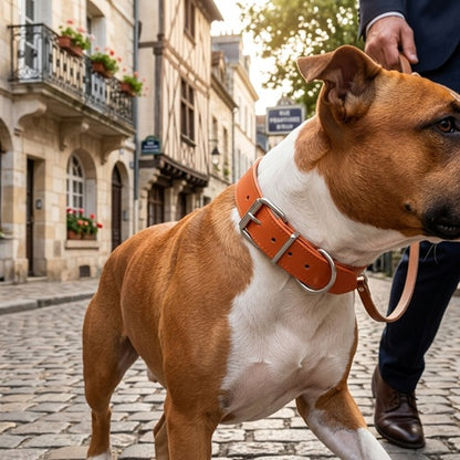 Collier chien cuir orange promenade laisse rue pavée gros plan