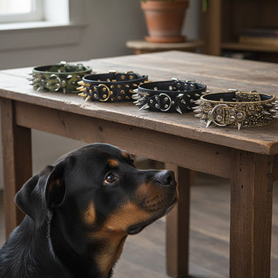collier chien cuir pointes metal collection rottweiler noir table bois choix modeles